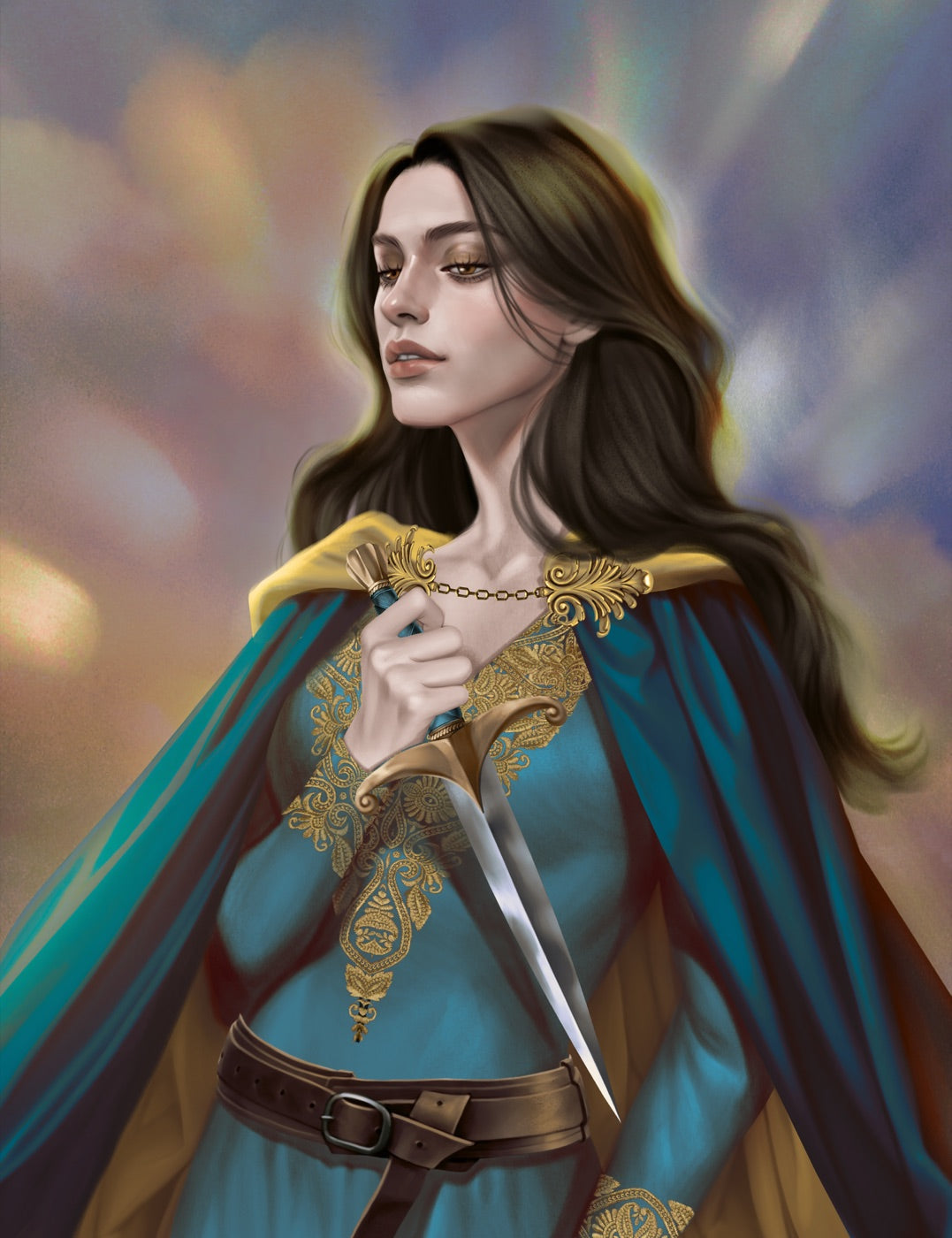 A woman in a teal gown and cape holding a dagger