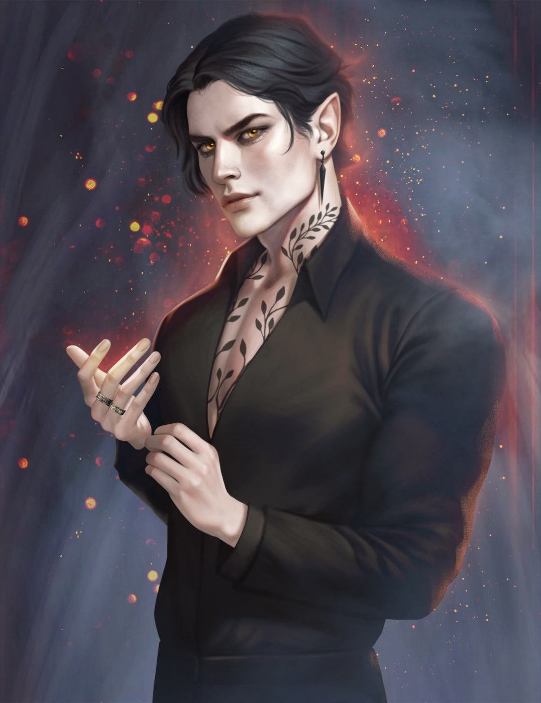 A dark-haired fey man with vine tattoos, surrounded by embers