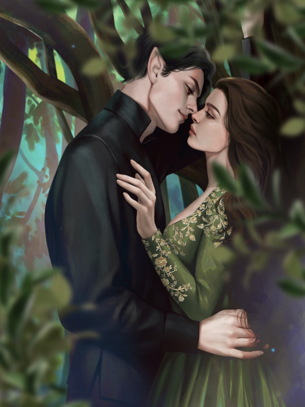 A fey man and a woman in a green gown embracing in a forest