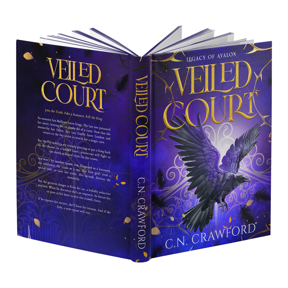 Book titled 'Veiled Court' by C.N. Crawford with a purple cover and raven illustration.