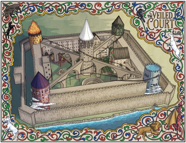 Illustrated medieval-style city scene titled 'The Veiled Court,' showing fortified walls, towers, bridges, and water, framed by ornate decorative border artwork.