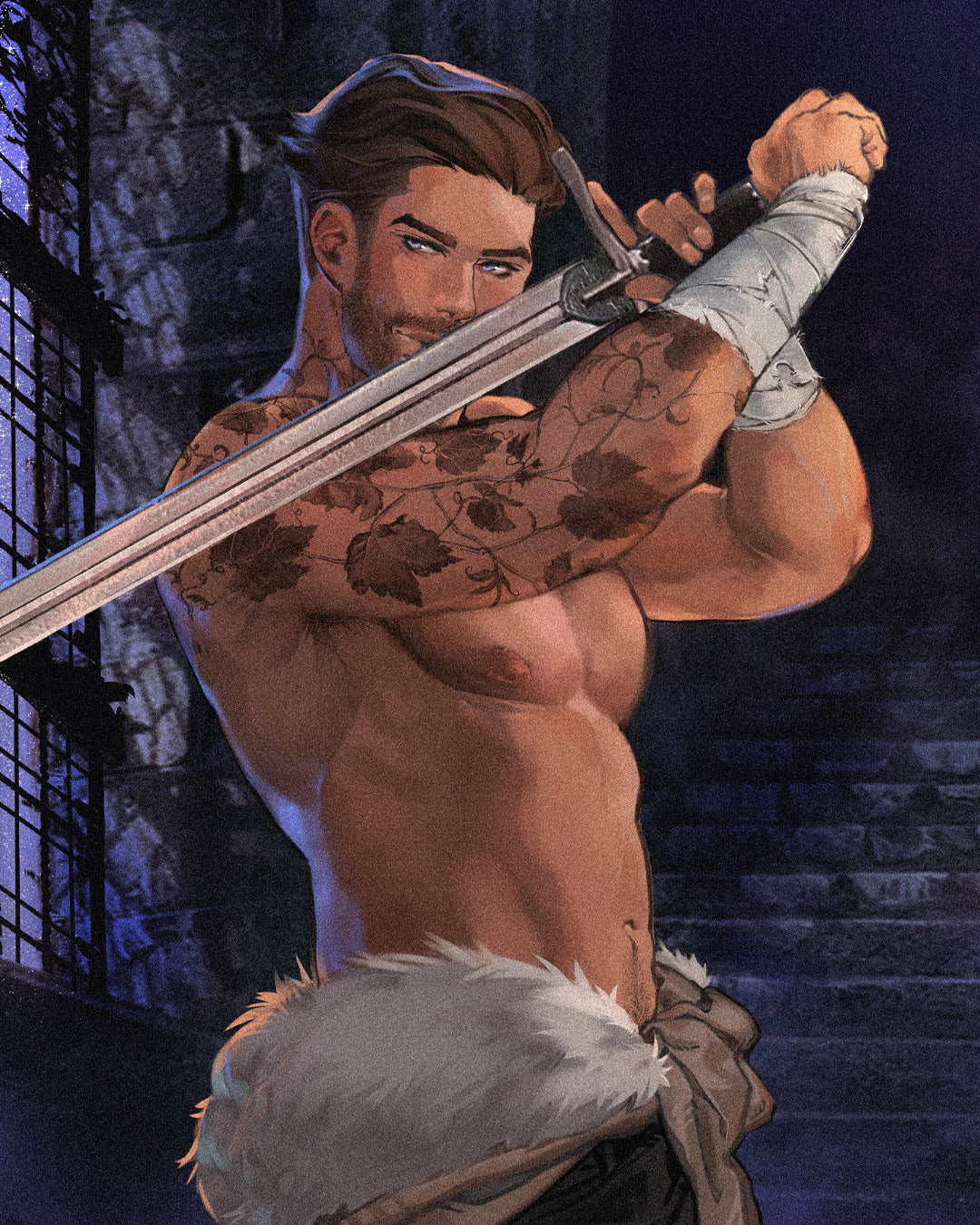 A tattooed swordsman raising a blade